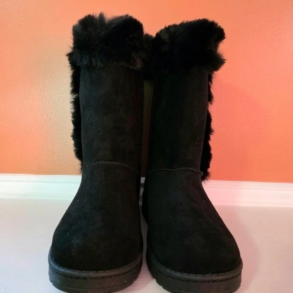 Black Faux Suede Mid-Calf Winter Boots with Faux Fur Trim and Button Detail Cozy